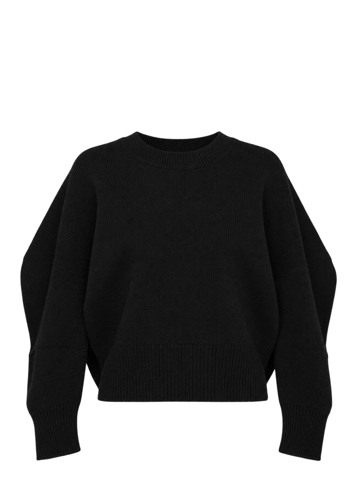 Issey Miyake O KNIT black crew neck sweater with sculptural rounded sleeves and ribbed hem and cuffs, shown from the front