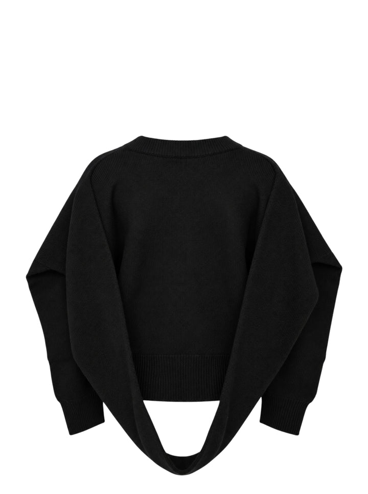 Issey Miyake O KNIT black crew neck sweater with sculptural rounded sleeves and ribbed hem and cuffs, shown from the front - view 2