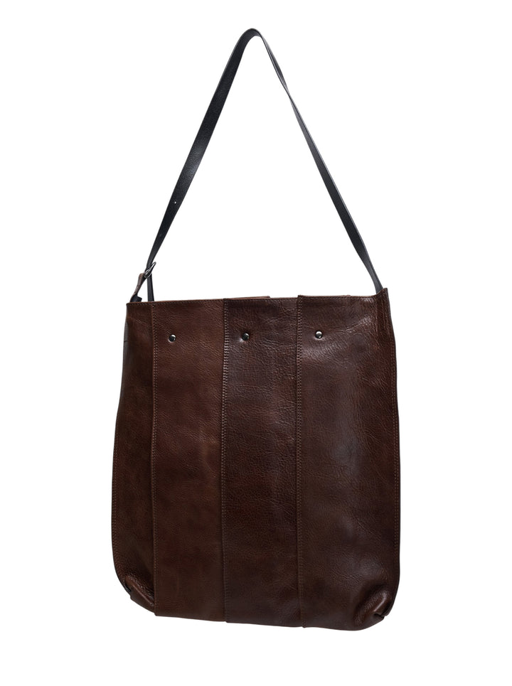 IM MEN Leather Pleats open-top tote bag in deep brown with vertical panelled construction, silver rivet hardware, and an adjustable black leather shoulder strap - view 2