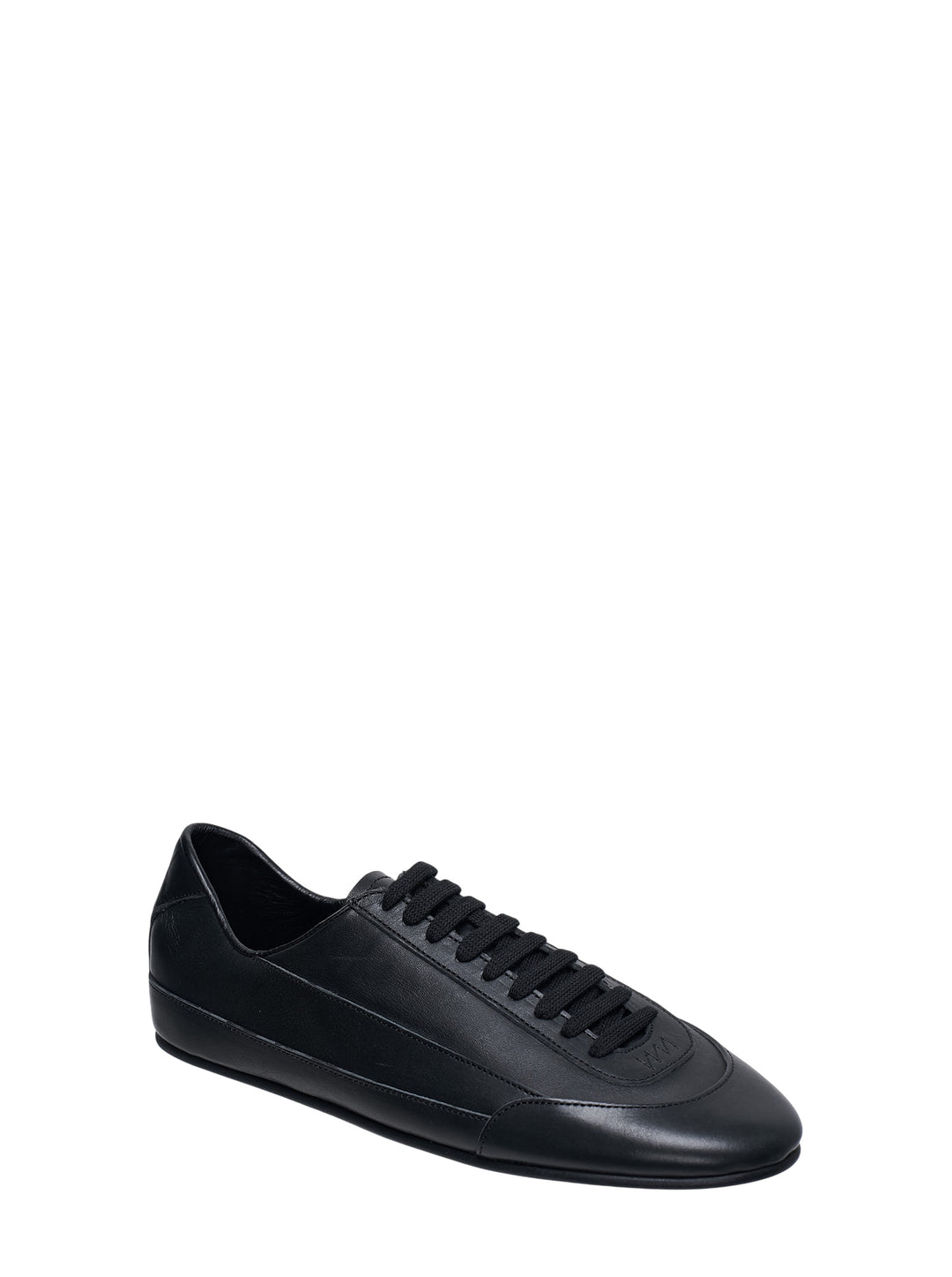 IM Men Flipper low-top sneaker in all-black smooth leather with tonal laces and slim rubber sole, side profile view - view 2