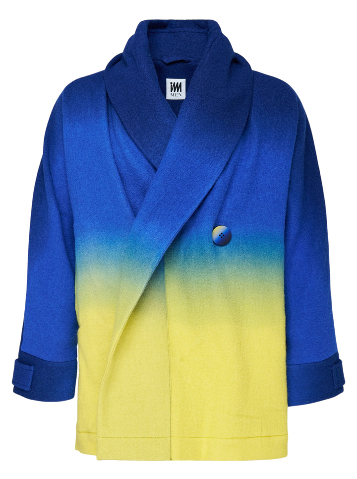 IM Men Dawn blouson with a cobalt-to-yellow gradient, shawl collar and single oversized button