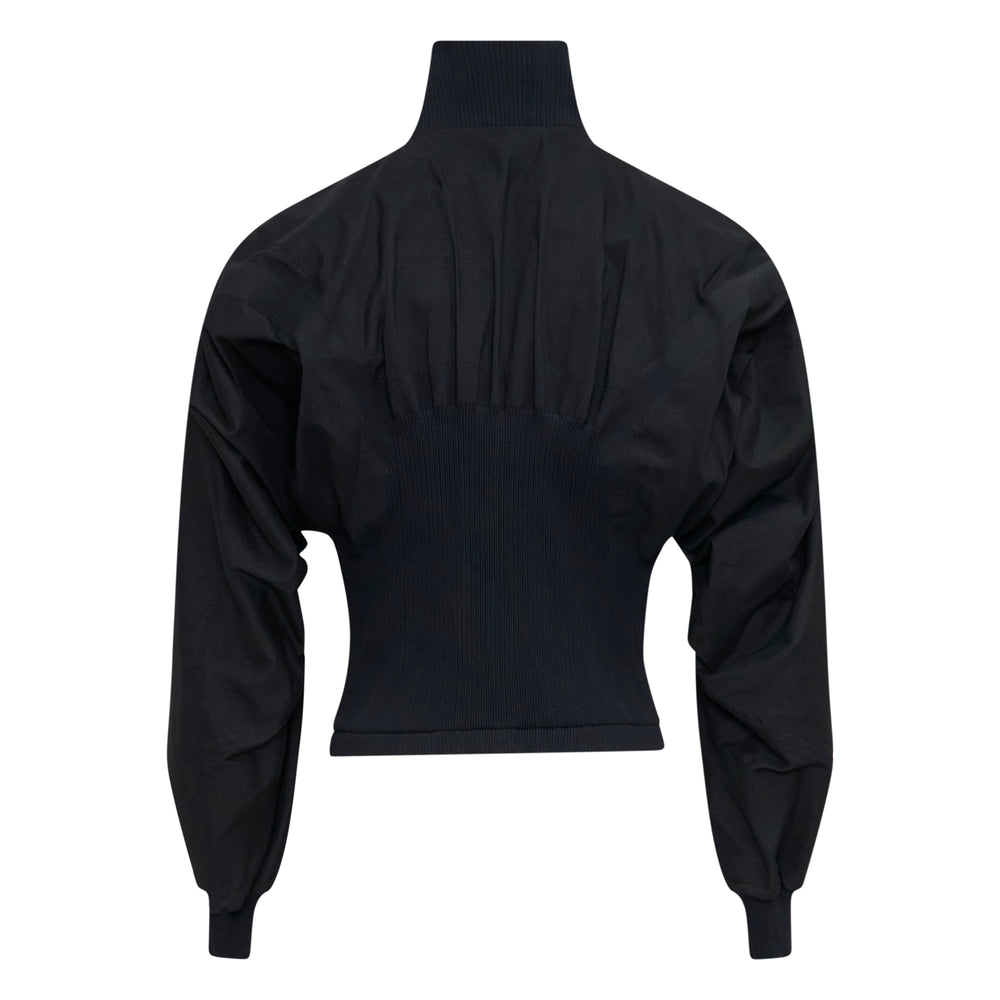 IM MEN CLAY cropped black jacket with voluminous long sleeves, ribbed knit waist panelling, and a high stand collar, front view - view 2