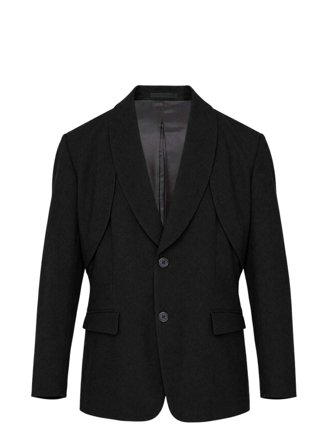 IM MEN Shrink Wool black two-button jacket with shawl collar, layered panel detailing and flap pockets