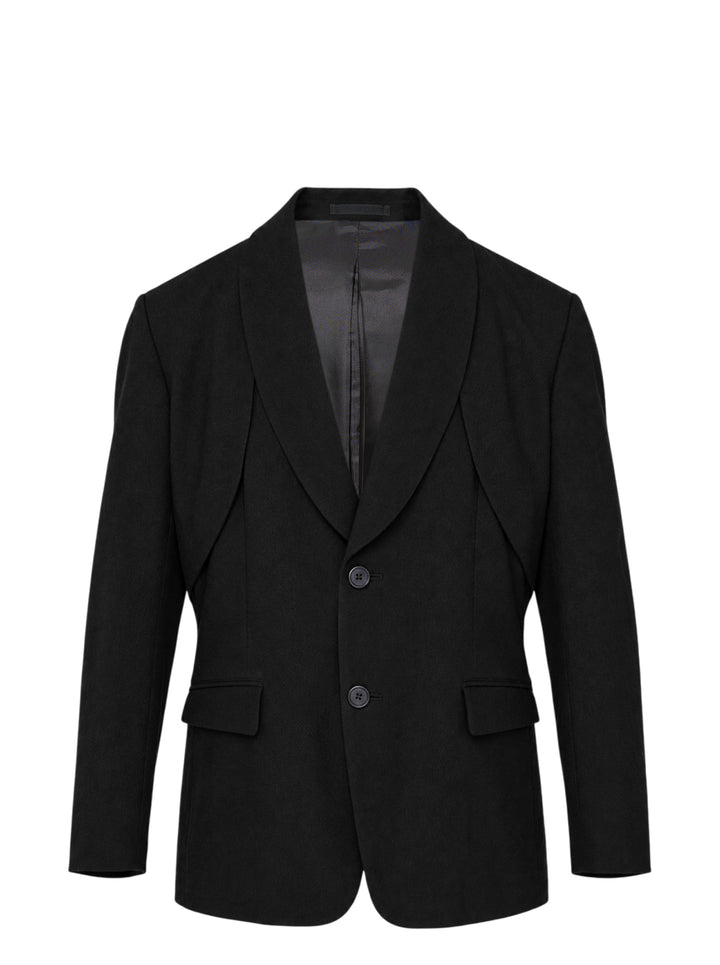IM MEN Shrink Wool black two-button jacket with shawl collar, layered panel detailing and flap pockets