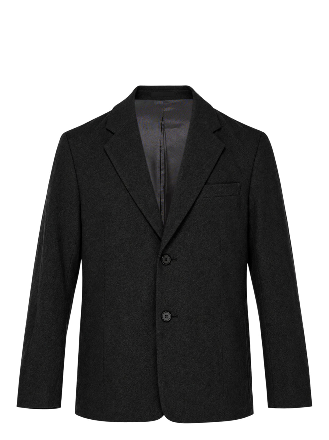 IM Men black shrink wool single-breasted jacket with notch lapels, two buttons and a chest welt pocket