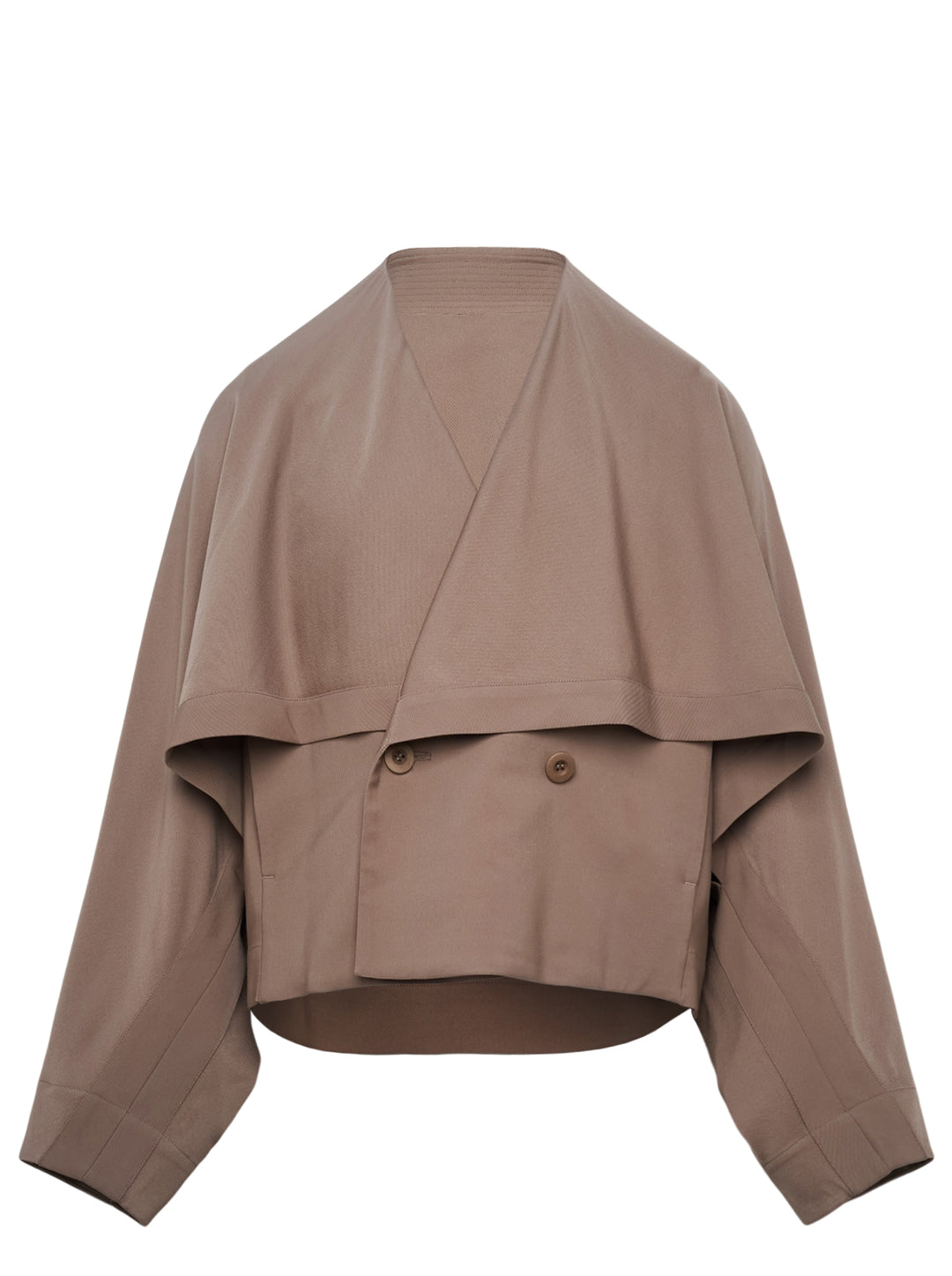 IM MEN Front Back cropped jacket in taupe with a cape overlay, V-neckline, double-button fastening, and wide draped sleeves