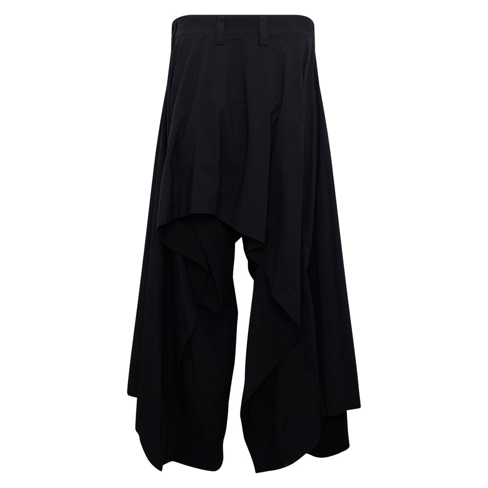 IM MEN Comfort Cotton Woven Pants in black, featuring dramatic asymmetric draped fabric panels and a structured waistband, displayed flat on a white background - view 2