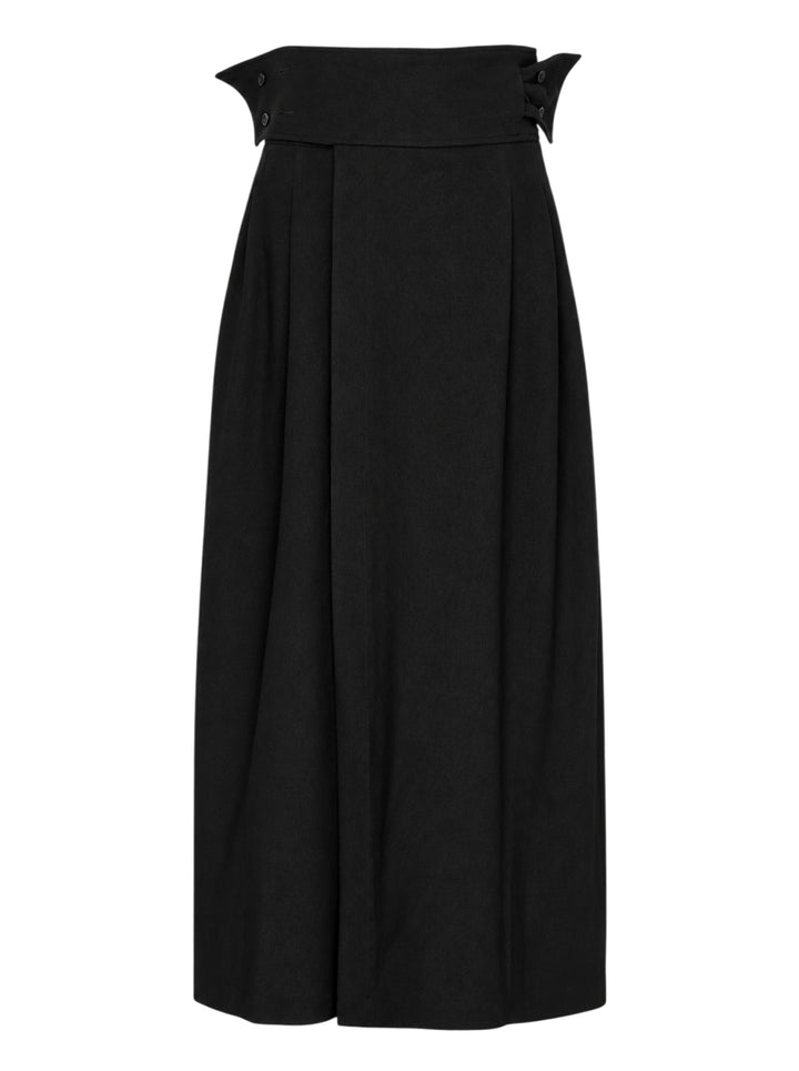 IM MEN black shrink wool woven pants with a high pointed waistband, button tabs and deep pleats in a wide-leg cut