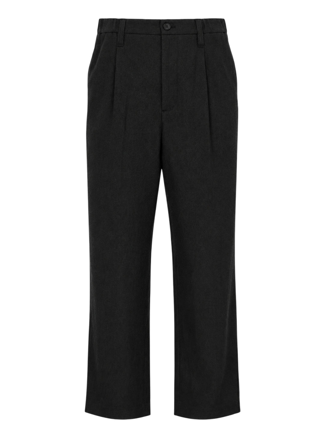 IM Men Shrink Wool woven pants in black with a front pleat, button closure and straight leg, shown from the front