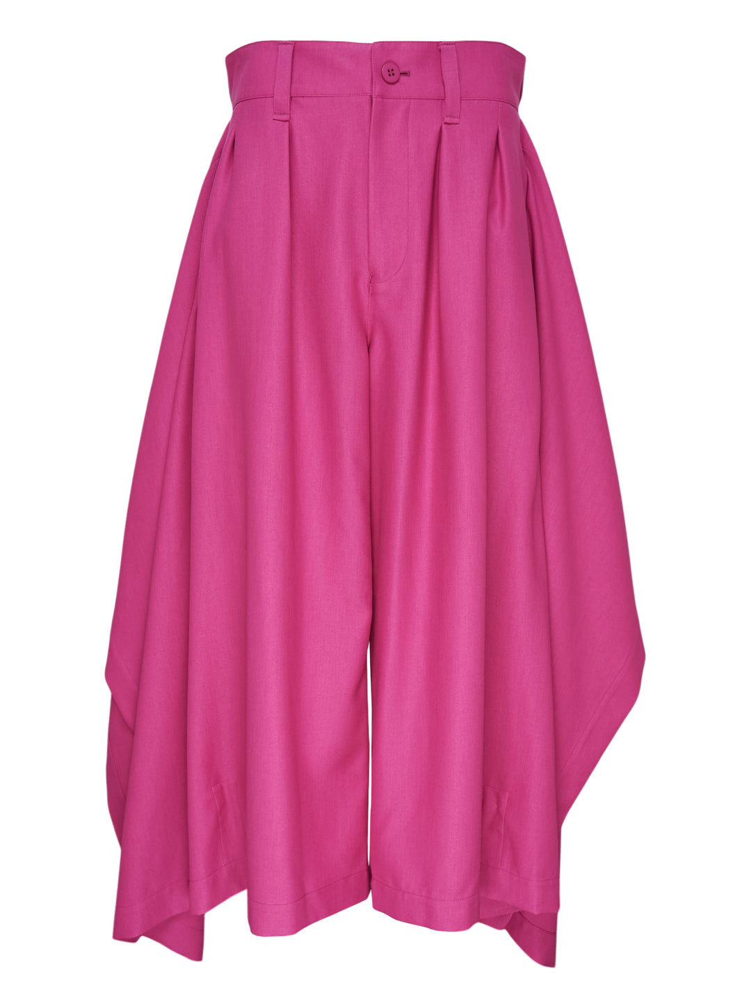 IM MEN Breeze Drape Woven Pants in fuchsia pink — high-waisted pleated wide-leg trousers with dramatic asymmetric draped fabric panels, shown flat on white background