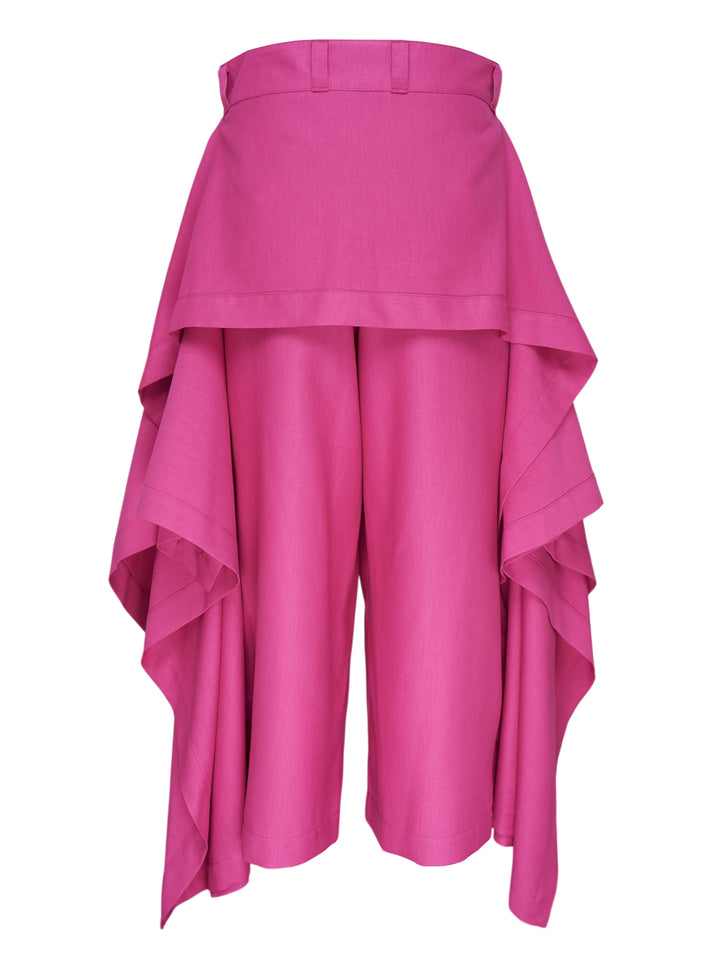 IM MEN Breeze Drape Woven Pants in fuchsia pink — high-waisted pleated wide-leg trousers with dramatic asymmetric draped fabric panels, shown flat on white background - view 2