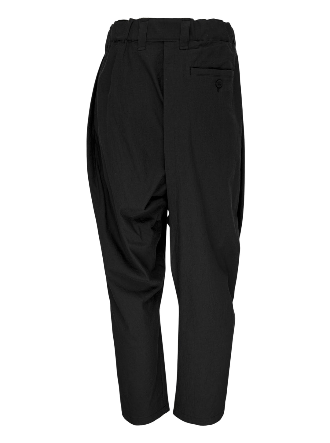 IM Men Cotton Yak Woven Pants in black — high-rise pleated drop-crotch trousers with a cropped tapered hem, front view on white background - view 2