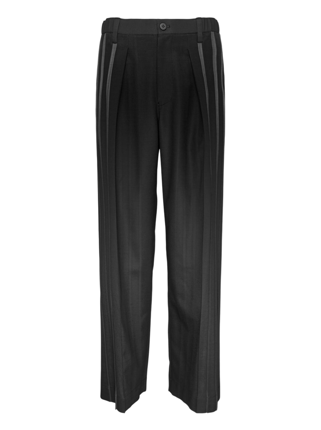 IM Men Dawn Ray black woven wide-leg pants with tonal contrast stripes running down both legs and a pleated front, flat lay on white background