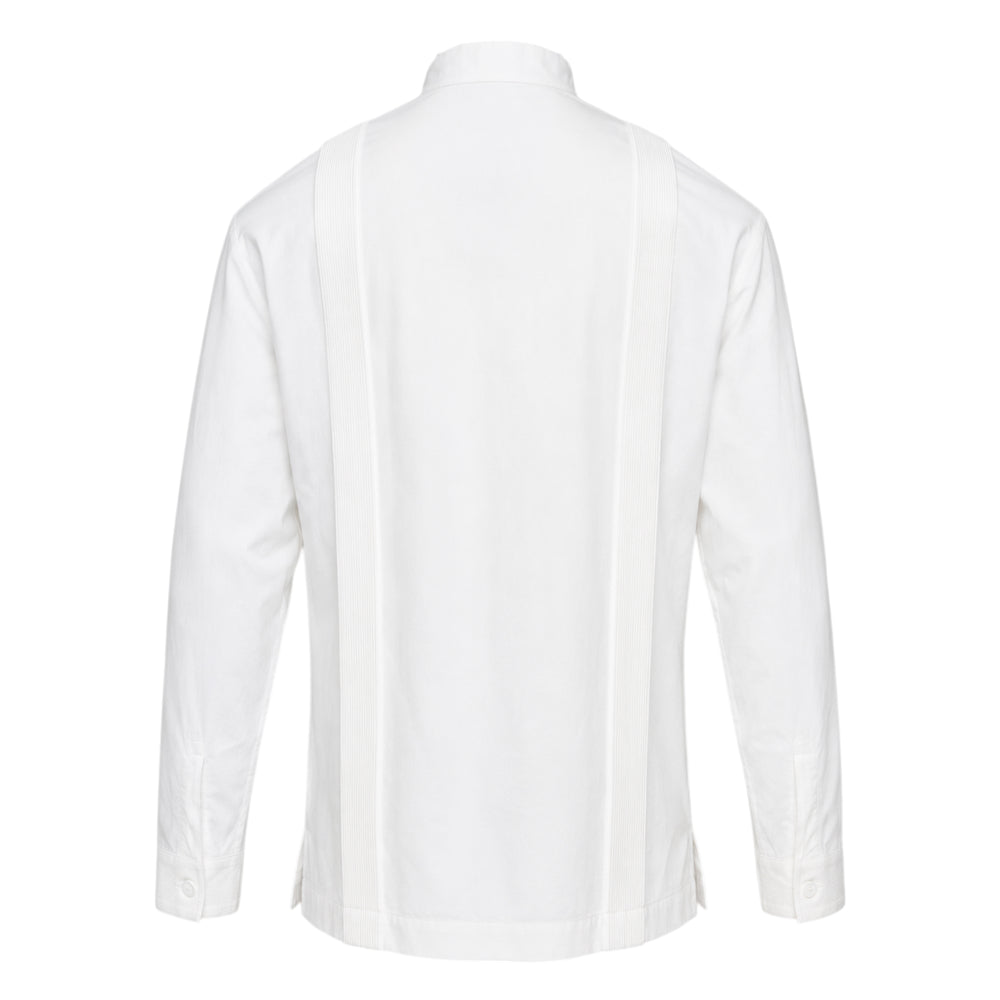 IM Men Clay Shirt in black — long sleeve mandarin collar shirt with vertical pintuck panels and tonal button fastening, front view