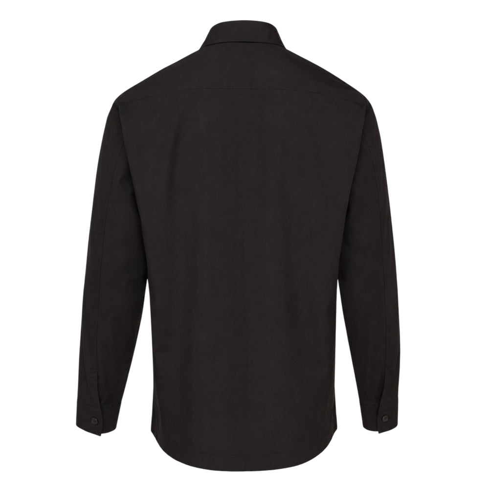 IM MEN 140/2 long sleeve shirt in black, featuring a point collar, concealed button placket, and relaxed silhouette, shown from the front on a white background