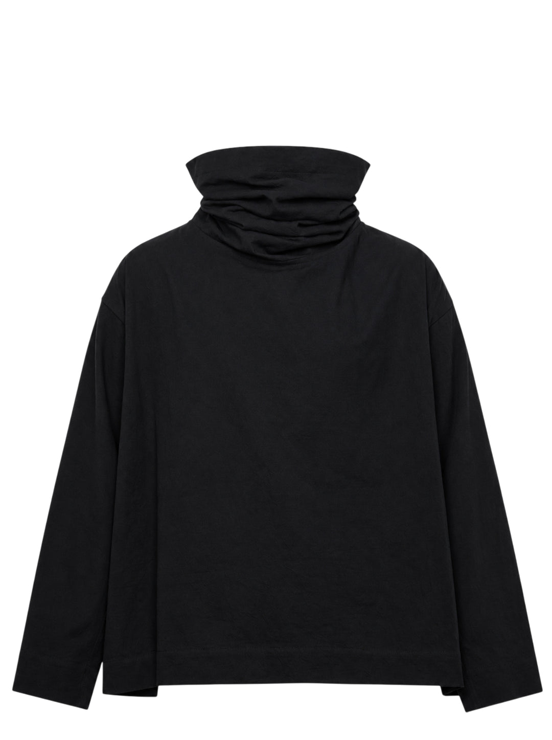 IM MEN Cotton Yak oversized long sleeve top in black with a dramatic gathered funnel neck, flat lay on white background