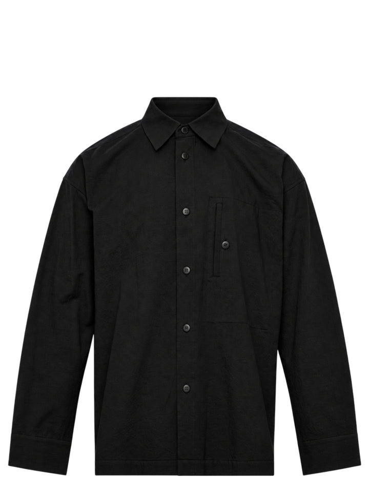 IM MEN Cotton Yak long sleeve overshirt in black with button-front closure, chest patch pocket, and hem patch pockets