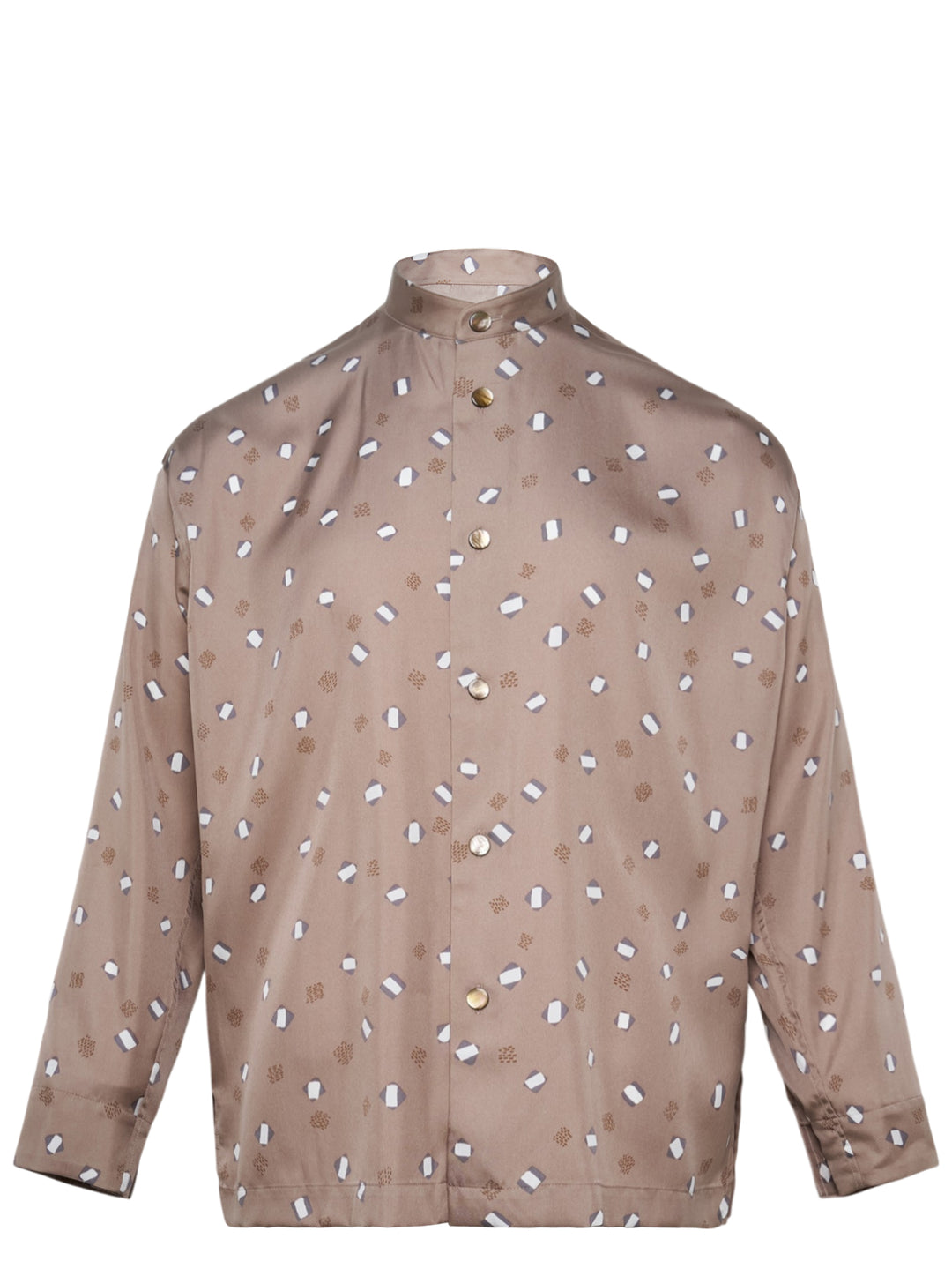 IM Men Merry Satin Shirt in taupe with all-over geometric confetti print, mandarin collar, and gold snap button front placket