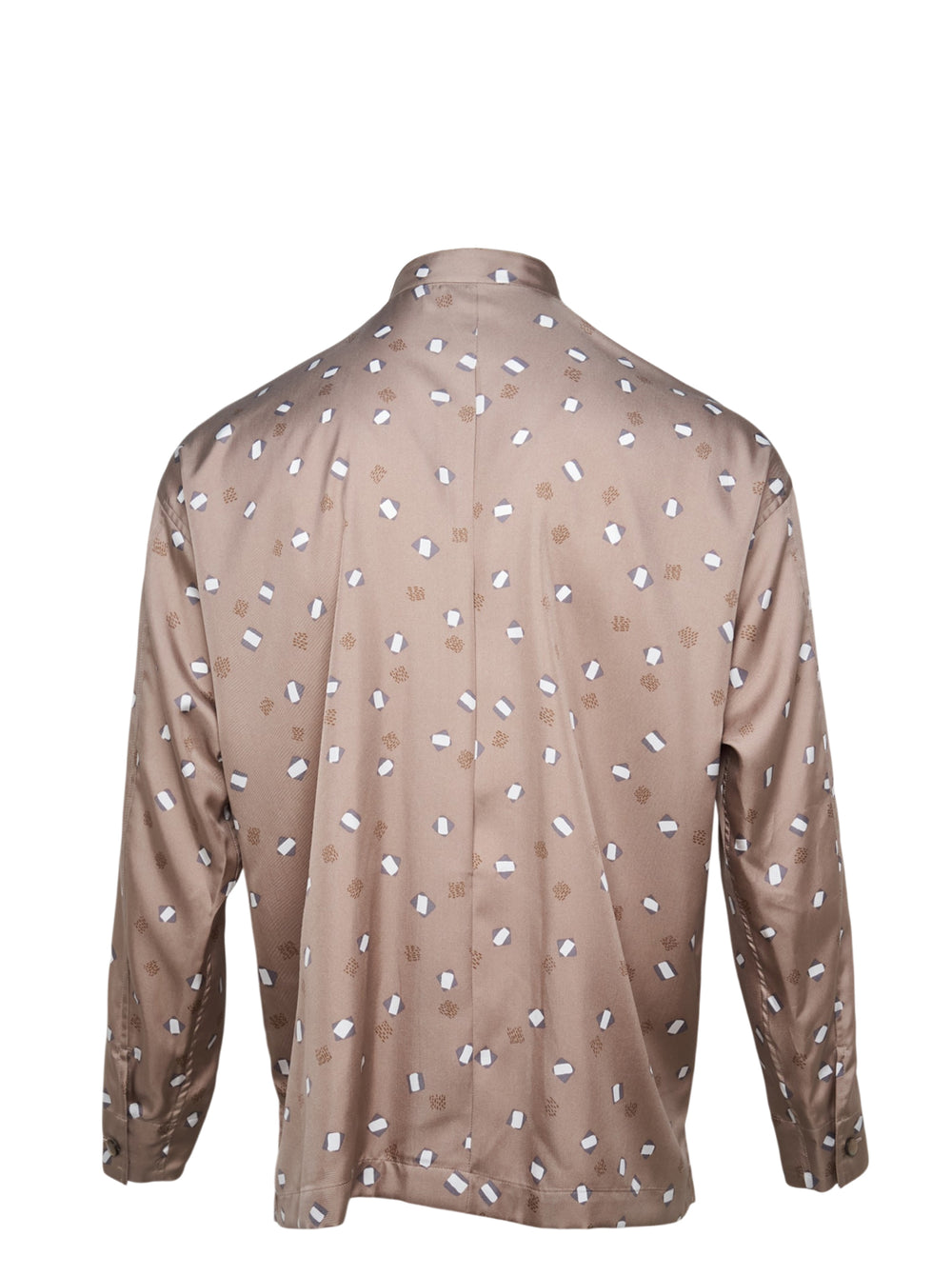 IM Men Merry Satin Shirt in taupe with all-over geometric confetti print, mandarin collar, and gold snap button front placket - view 2