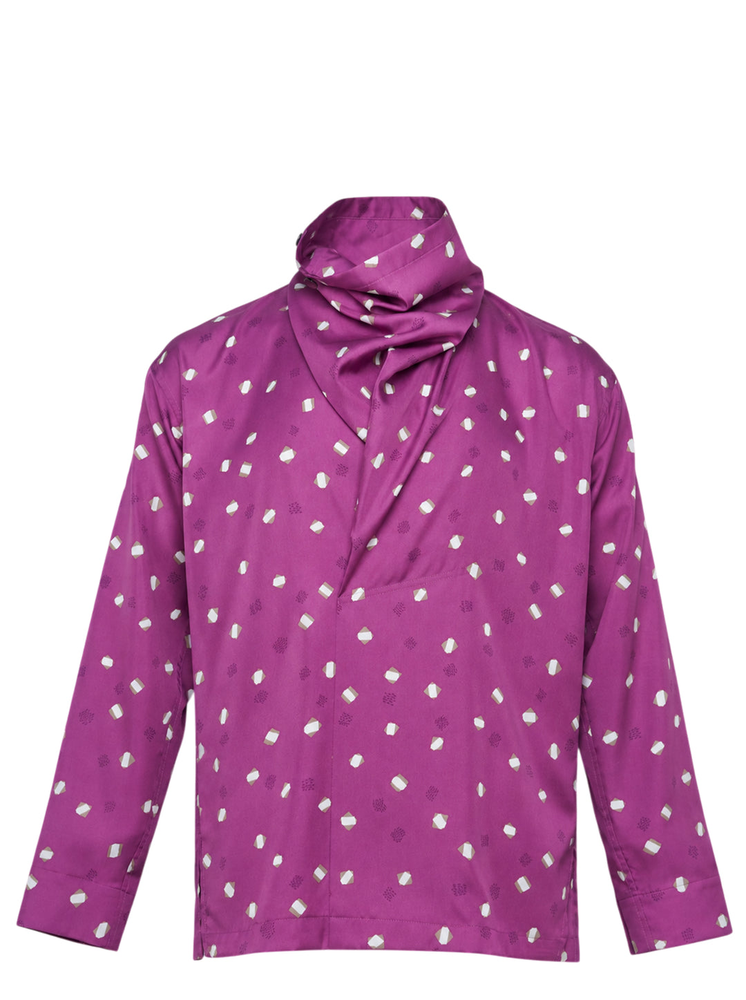 IM Men Merry Satin Shirt in vibrant purple featuring an all-over scattered geometric crystal print, a draped scarf collar, long sleeves with buttoned cuffs, and a chest patch pocket