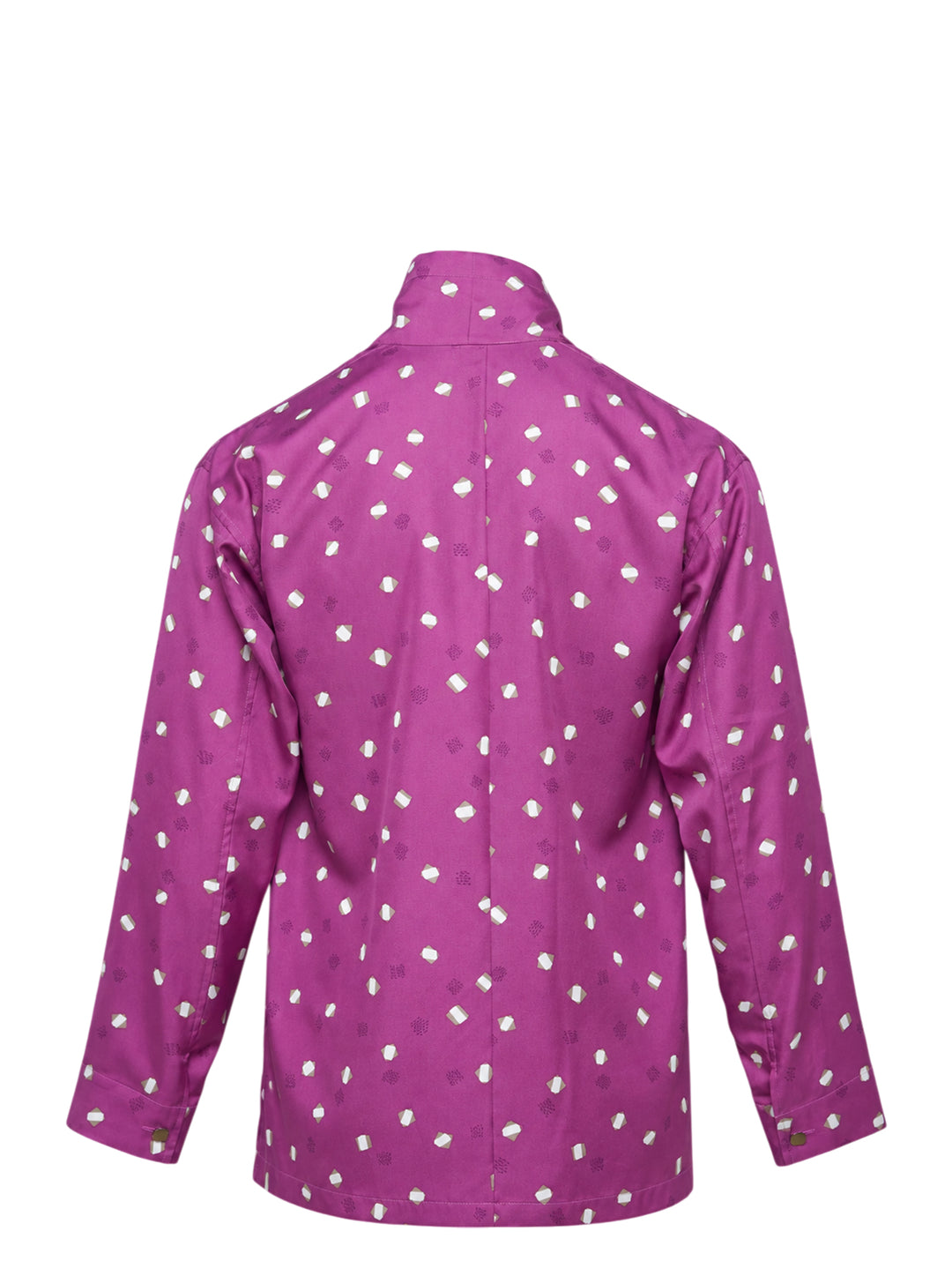 IM Men Merry Satin Shirt in vibrant purple featuring an all-over scattered geometric crystal print, a draped scarf collar, long sleeves with buttoned cuffs, and a chest patch pocket - view 2