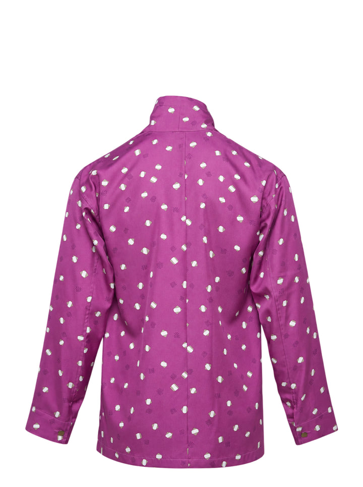 IM Men Merry Satin Shirt in vibrant purple featuring an all-over scattered geometric crystal print, a draped scarf collar, long sleeves with buttoned cuffs, and a chest patch pocket - view 2