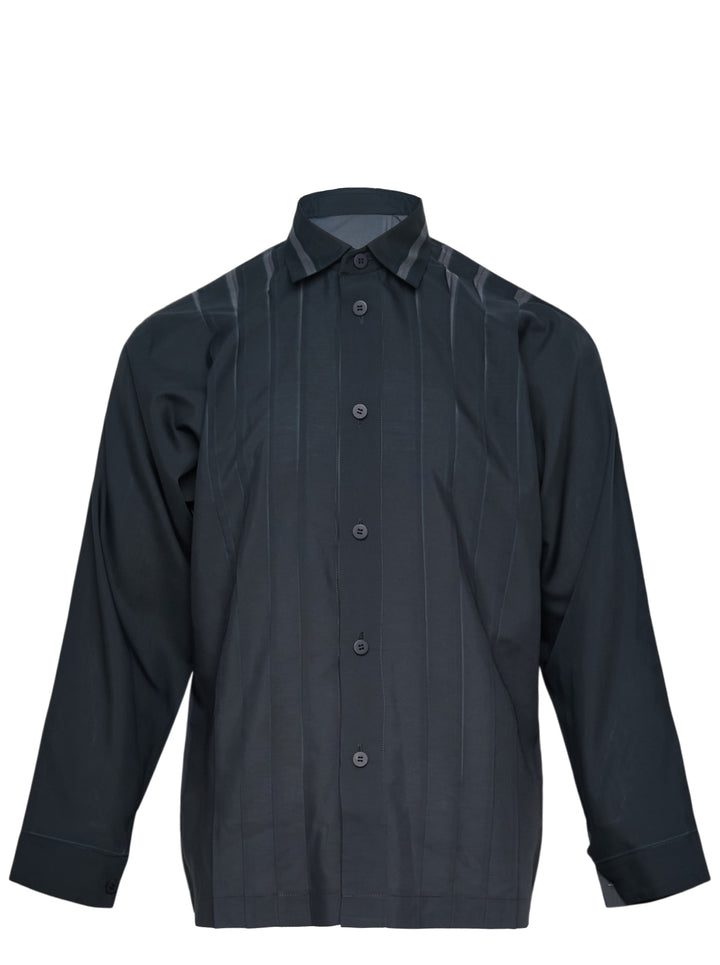 IM MEN Dawn Ray long sleeve shirt in deep charcoal with tonal vertical ray seaming, oversized silhouette, spread collar, and button-front placket