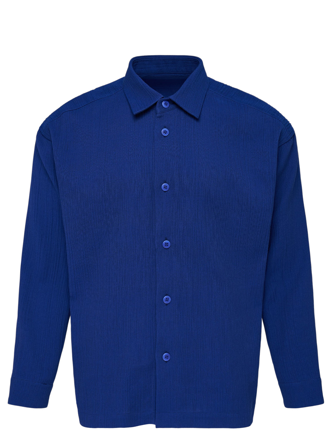 IM Men Double Weave Crepe long sleeve shirt in cobalt blue with textured crepe fabric, pointed collar and matching tonal buttons