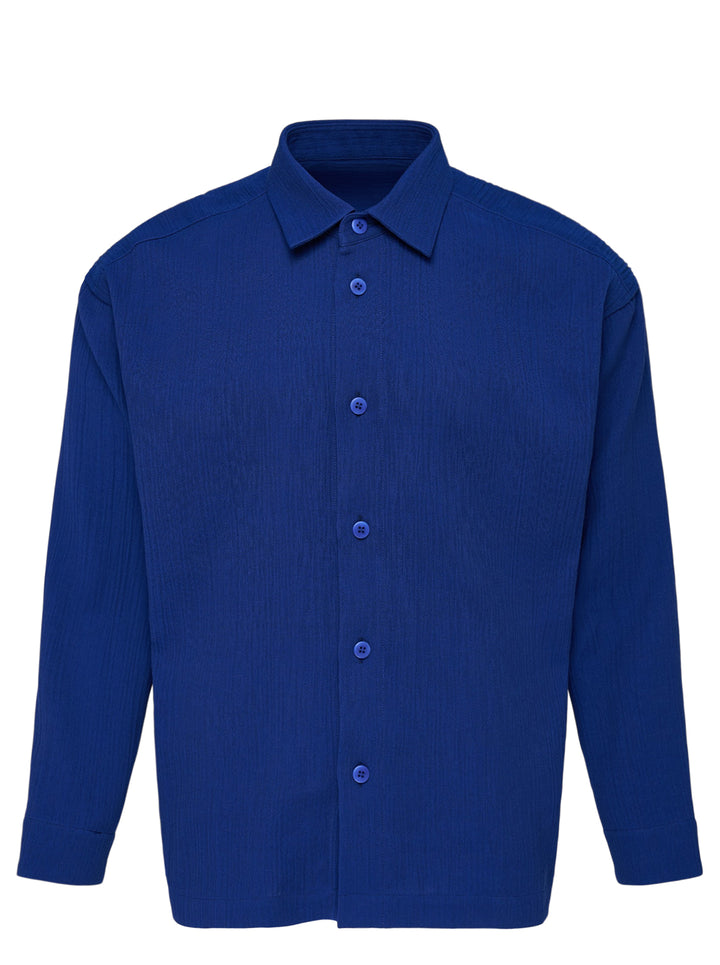 IM Men Double Weave Crepe long sleeve shirt in cobalt blue with textured crepe fabric, pointed collar and matching tonal buttons