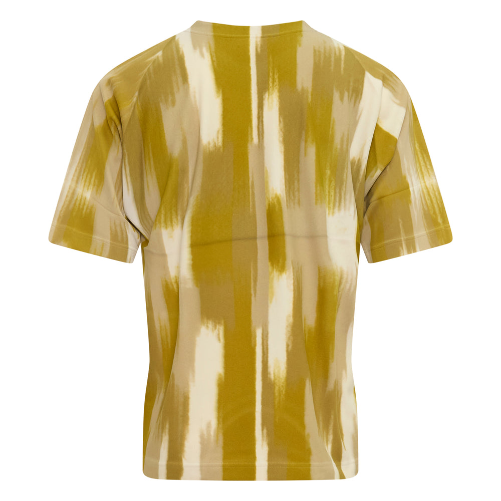 Back view of IM Men Flat Dye Short Sleeve Tee featuring an all-over vertical brushstroke ikat-inspired print in olive, sand, and cream tones with a relaxed boxy fit and crew neckline - view 2