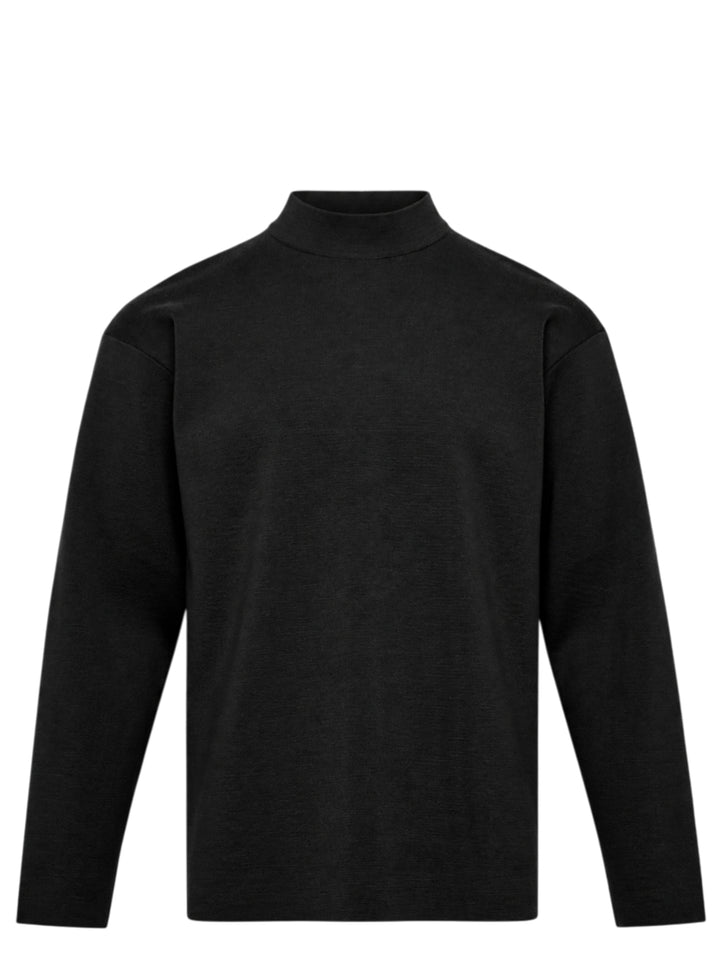IM MEN MONO-MILANO black long-sleeve Milano knit top with mock turtleneck collar and relaxed oversized silhouette, front view
