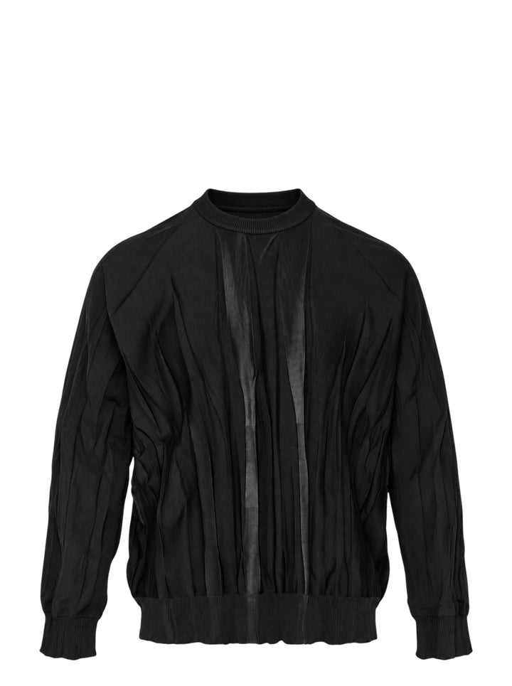 IM MEN Ripple Knit in black with vertical pleated texture, sheer centre panel, crew neck and ribbed trims