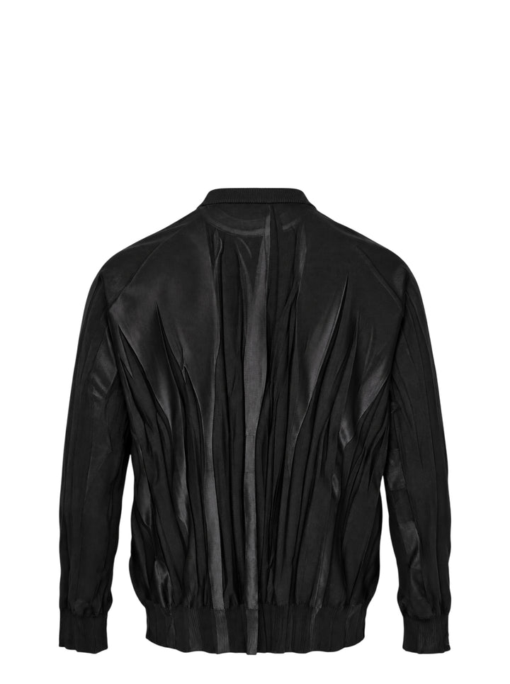 IM MEN Ripple Knit in black with vertical pleated texture, sheer centre panel, crew neck and ribbed trims - view 2