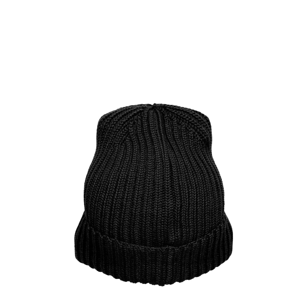 C.P. Company Extrafine Merino Wool Goggle Beanie in black, front view showing ribbed knit construction and signature goggle lenses at the brim