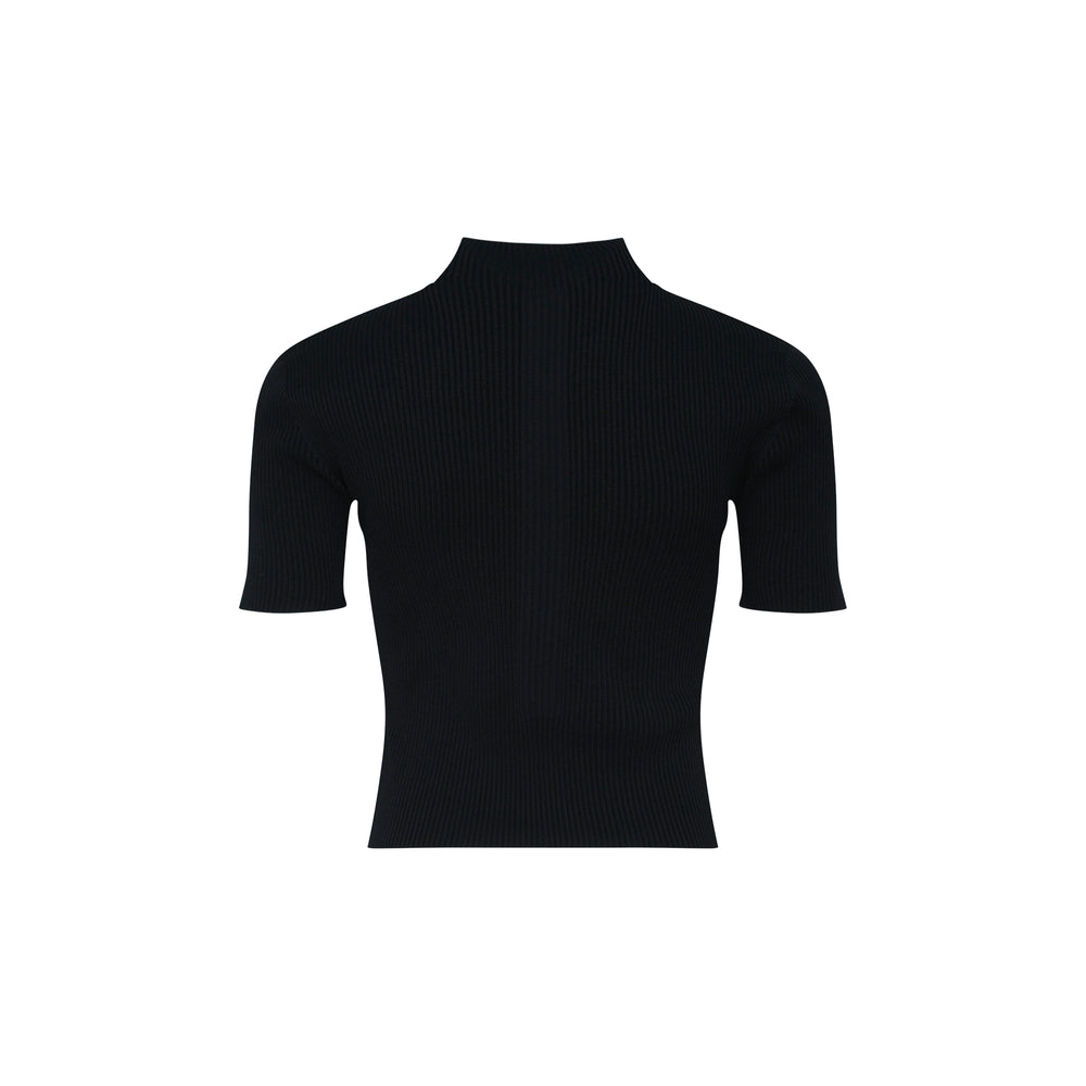 CFCL Portrait Short Sleeve Top in black ribbed knit with mock turtleneck collar and cropped silhouette, front view - view 2