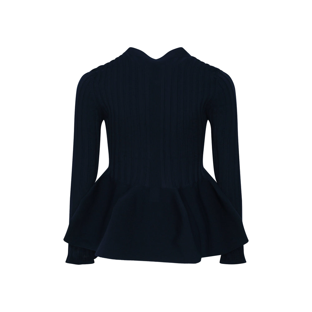 CFCL Pottery Cardigan in deep navy, featuring a ribbed knit construction, sculptural gathered waist, peplum hem, V-neckline, and four tonal buttons down the front - view 2