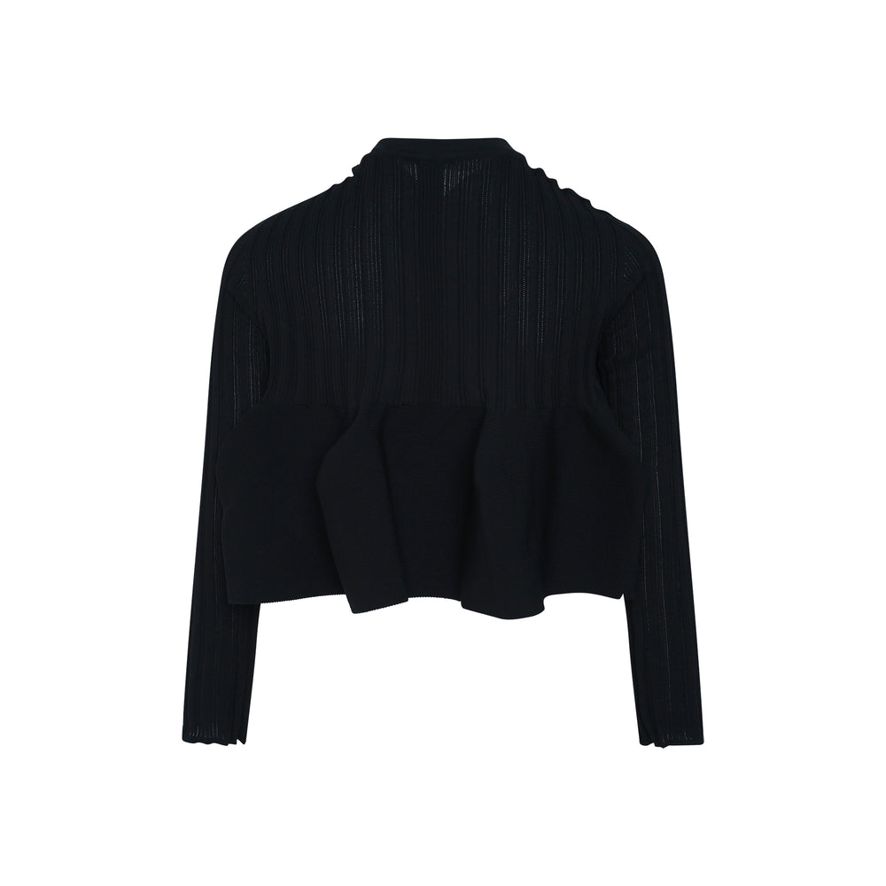 CFCL Pottery Bust Flare Cardigan in black — cropped silhouette with structured ribbed bust panel, draped flare hem, stand collar with frill trim, and tonal button-front closure - view 2