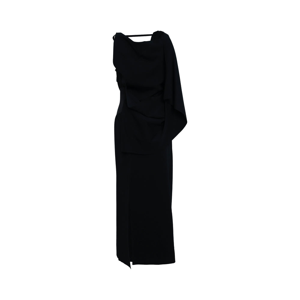 CFCL Milan Draped Sleeveless Dress in black, side view showing sculptural gathered bodice drape and floor-length column skirt - view 2