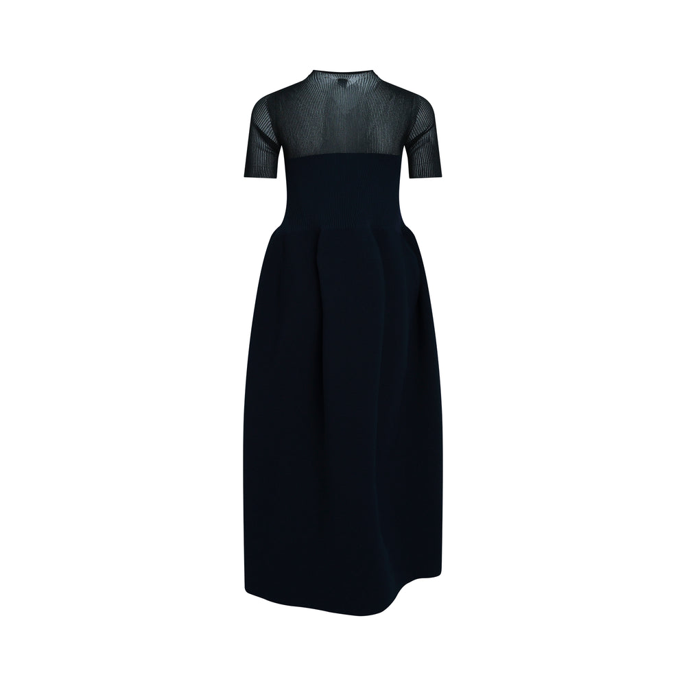 CFCL Pottery Lucent Décolletage Short Sleeve Knit Dress in navy, featuring a sheer ribbed mesh yoke and sleeves, cinched ribbed bodice, and voluminous pleated midi skirt - view 2