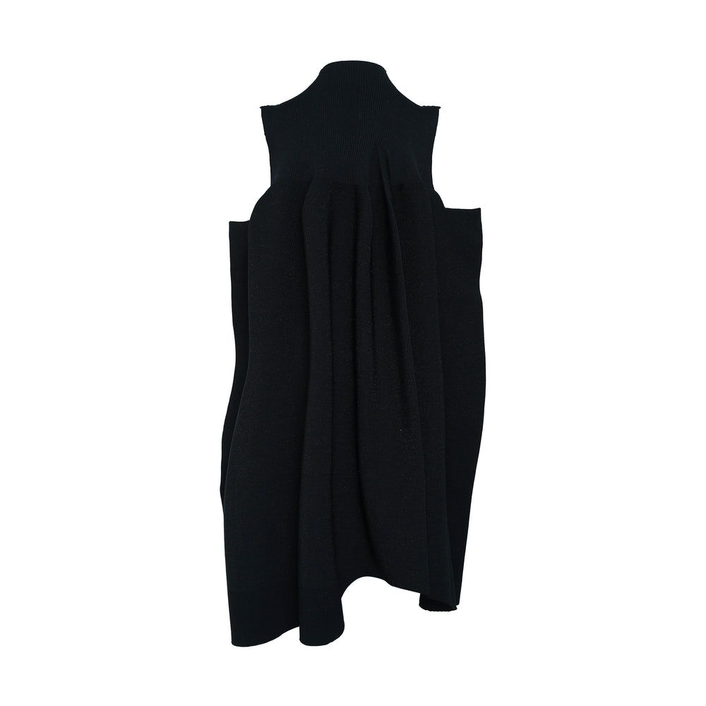 CFCL Pottery Crease Asymmetric Knit Dress in black, featuring a mock turtleneck, cold-shoulder cut-outs, draped silhouette, and asymmetric hem, shown flat against a white background - view 2