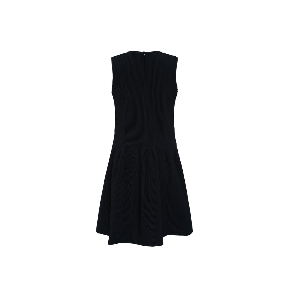 CFCL Hypha Sleeveless Mini Dress in black, featuring a fine ribbed knit construction with a fitted bodice and dramatically flared pleated skirt, shown on a white background - view 2