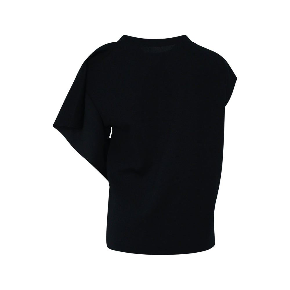 CFCL Draped Ruffle Top in black, back view, featuring an asymmetric cascading ruffle detail and cap sleeves on a white background - view 2