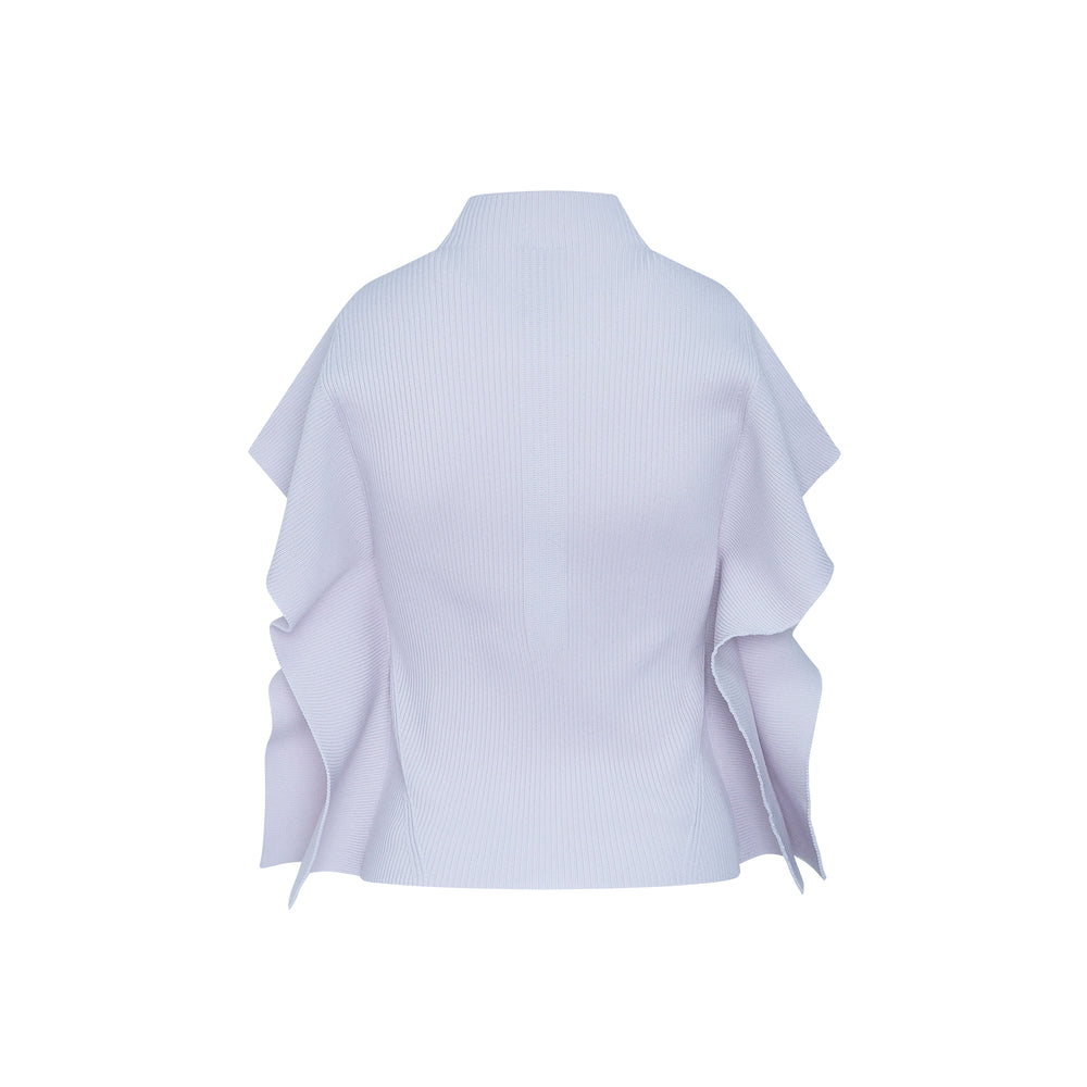 CFCL Portrait Crease Top in pale blue fine-gauge ribbed knit with mock turtleneck collar and sculptural draped sleeve panels, shown flat on white background - view 2