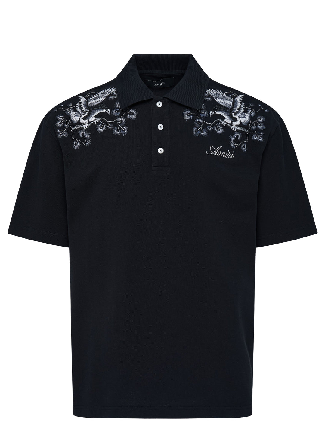 Black Amiri polo shirt with grey eagle and floral embroidery across the shoulders and an embroidered script logo on the chest