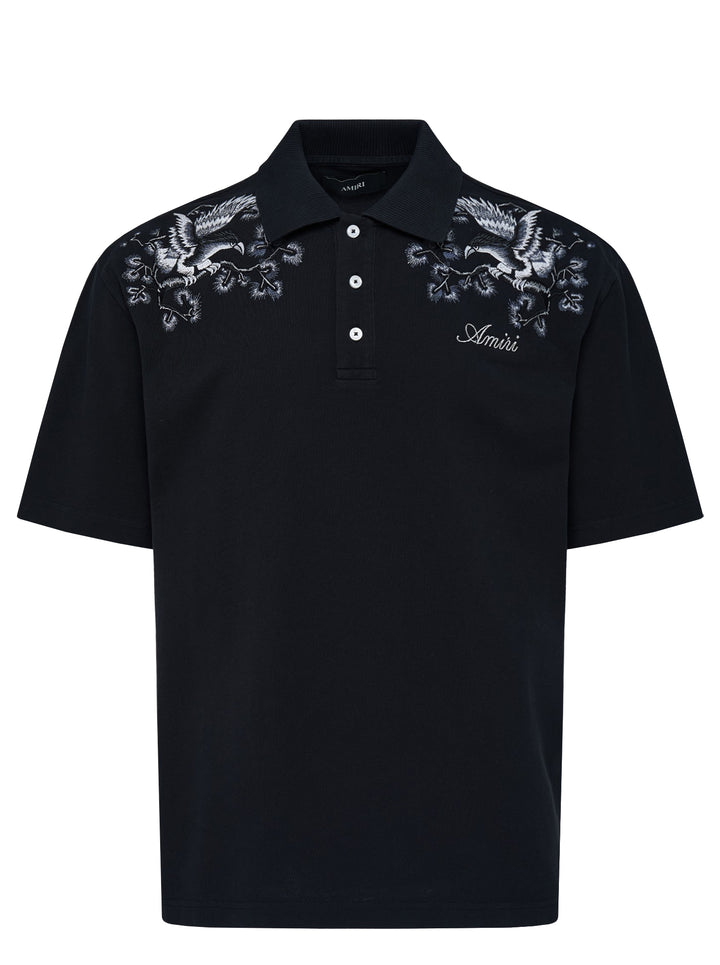 Black Amiri polo shirt with grey eagle and floral embroidery across the shoulders and an embroidered script logo on the chest