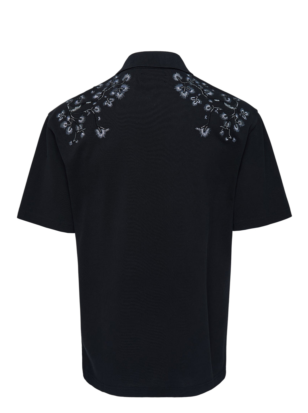 Black Amiri polo shirt with grey eagle and floral embroidery across the shoulders and an embroidered script logo on the chest - view 2