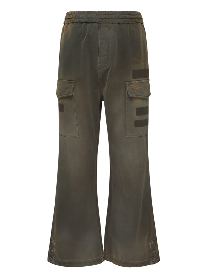Amiri faded olive cotton cargo pants with flap pockets, strap details and snap-button flared hems