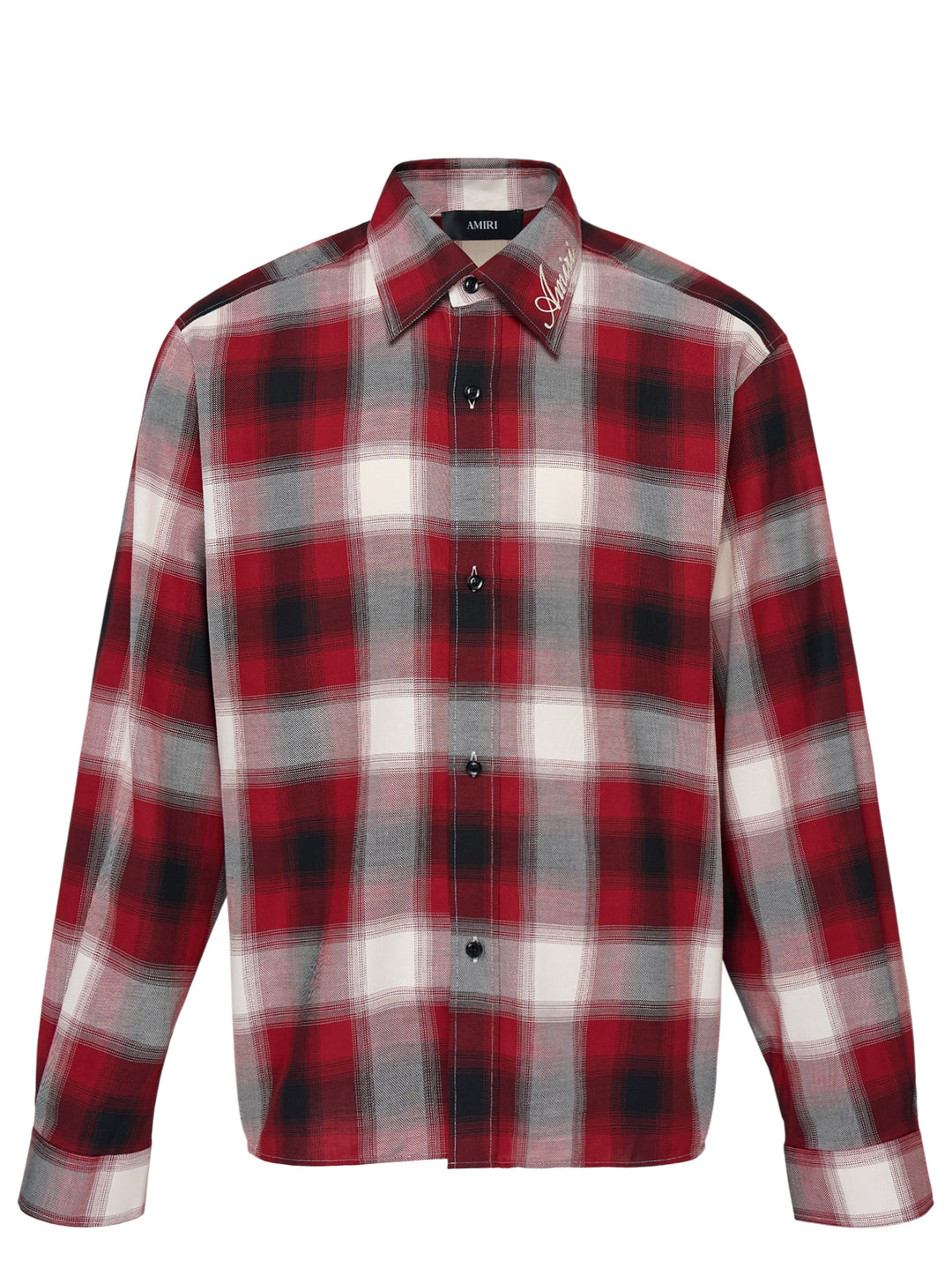 Amiri oversized flannel shirt in red, black and cream ombré plaid with embroidered script logo on the collar and black buttons