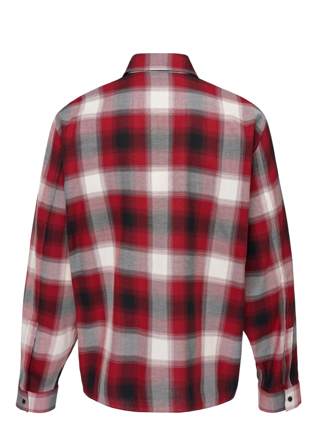 Amiri oversized flannel shirt in red, black and cream ombré plaid with embroidered script logo on the collar and black buttons - view 2