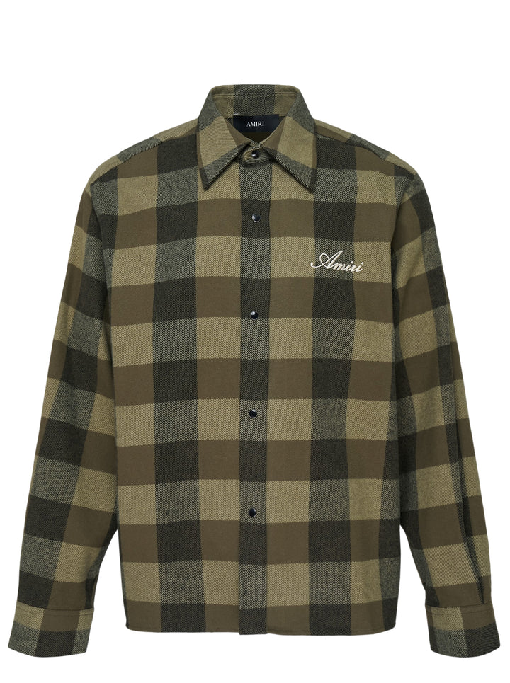 Amiri oversized heavy flannel shirt in olive and black buffalo check with snap-button front and embroidered script logo at the chest
